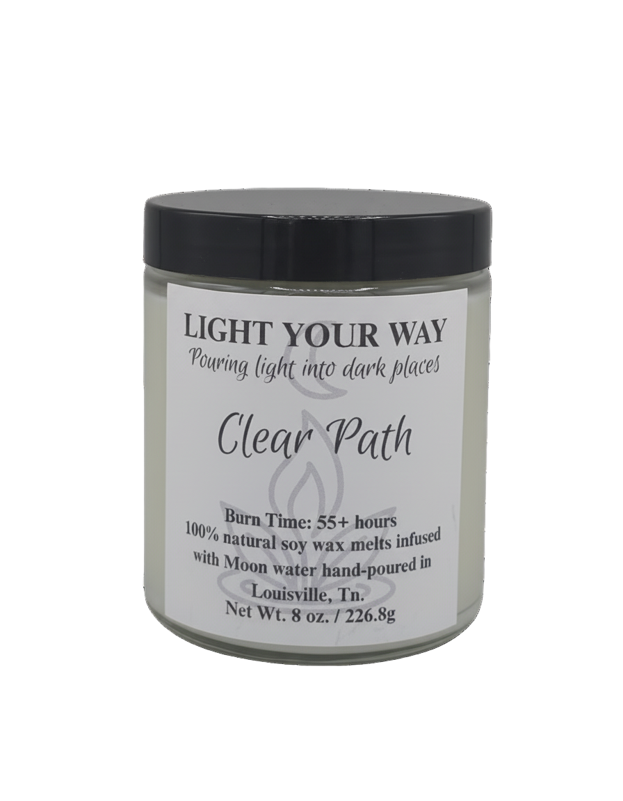 Candle jar labeled 'Clear Path' with a black lid