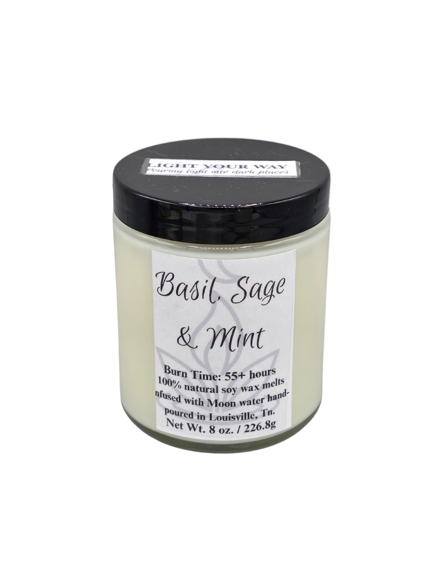 Basil Sage & Mint 8 oz Candle in a glass jar with a label on a white background