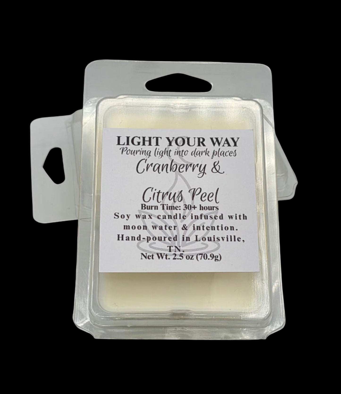 Candle wax melt package with label on a white background