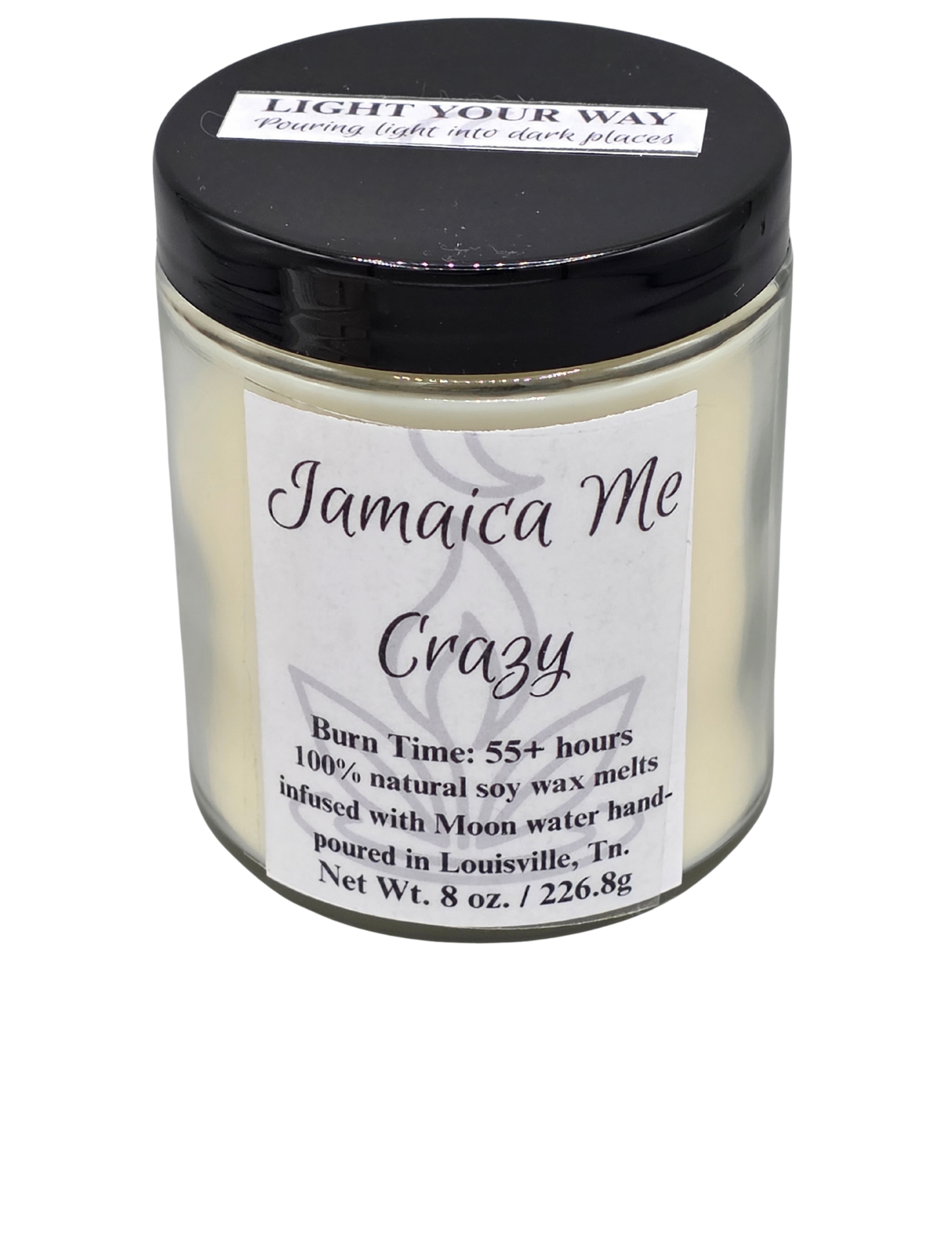 Candle jar labeled 'Jamaica Me Crazy' with a black plastic lid