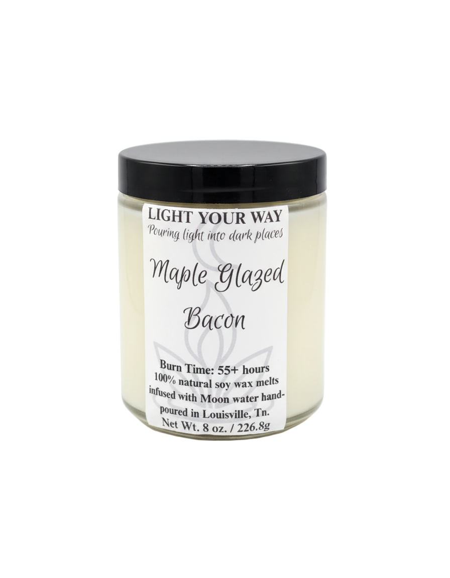 Candle labeled 'Maple Glazed Bacon' with a black lid