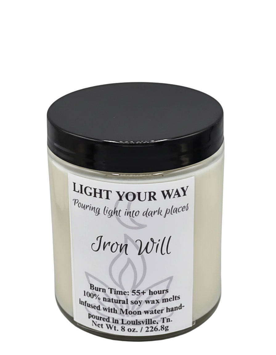 Candle jar labeled 'Iron Will' with a black lid