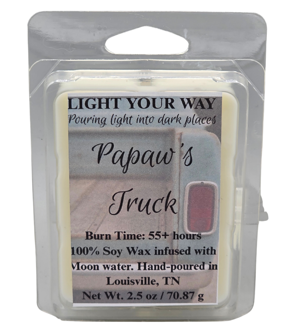 Scented wax melt clamshell labeled 'Papaw's Truck' with branding and product details.