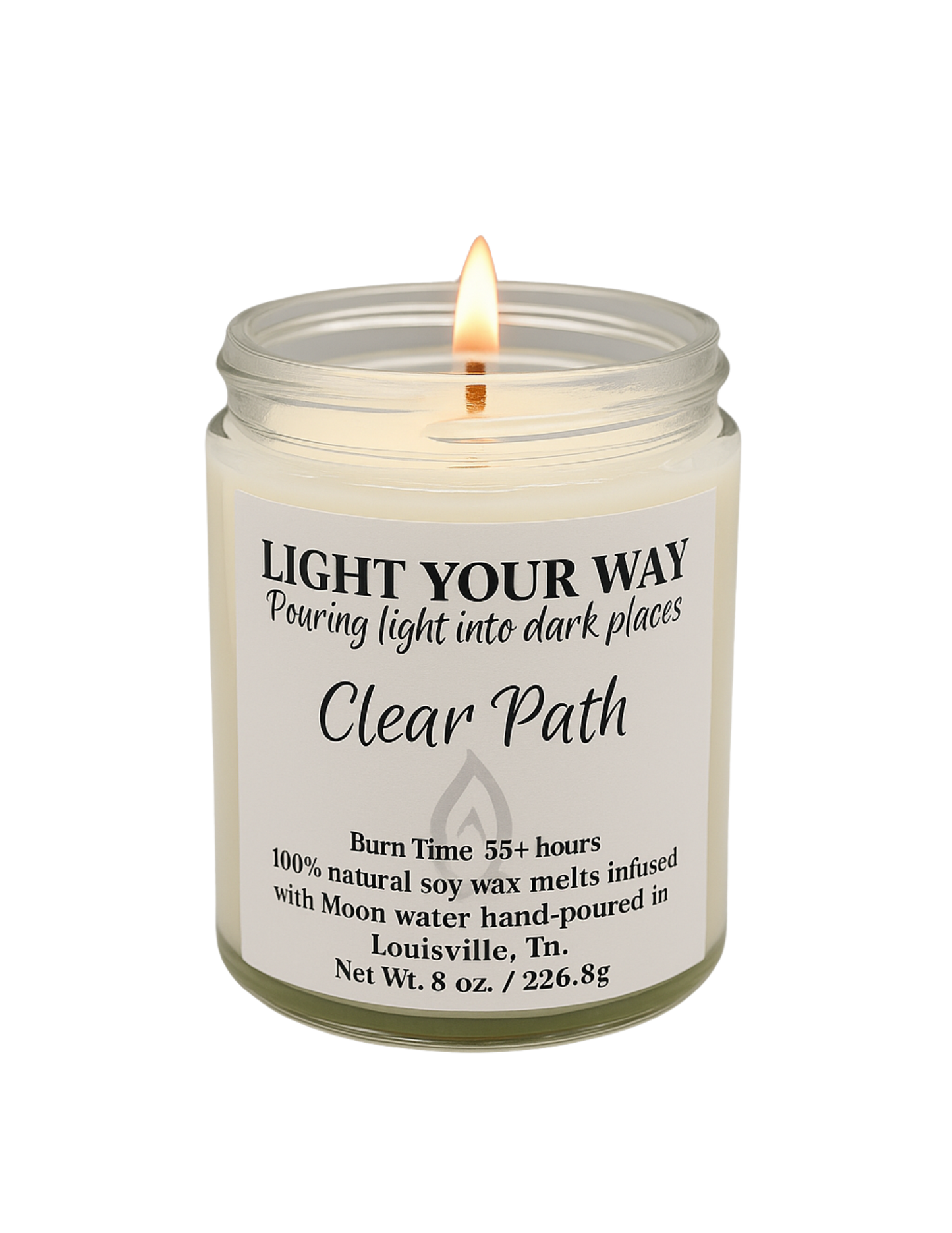 Candle in a glass jar with a label that says clear path