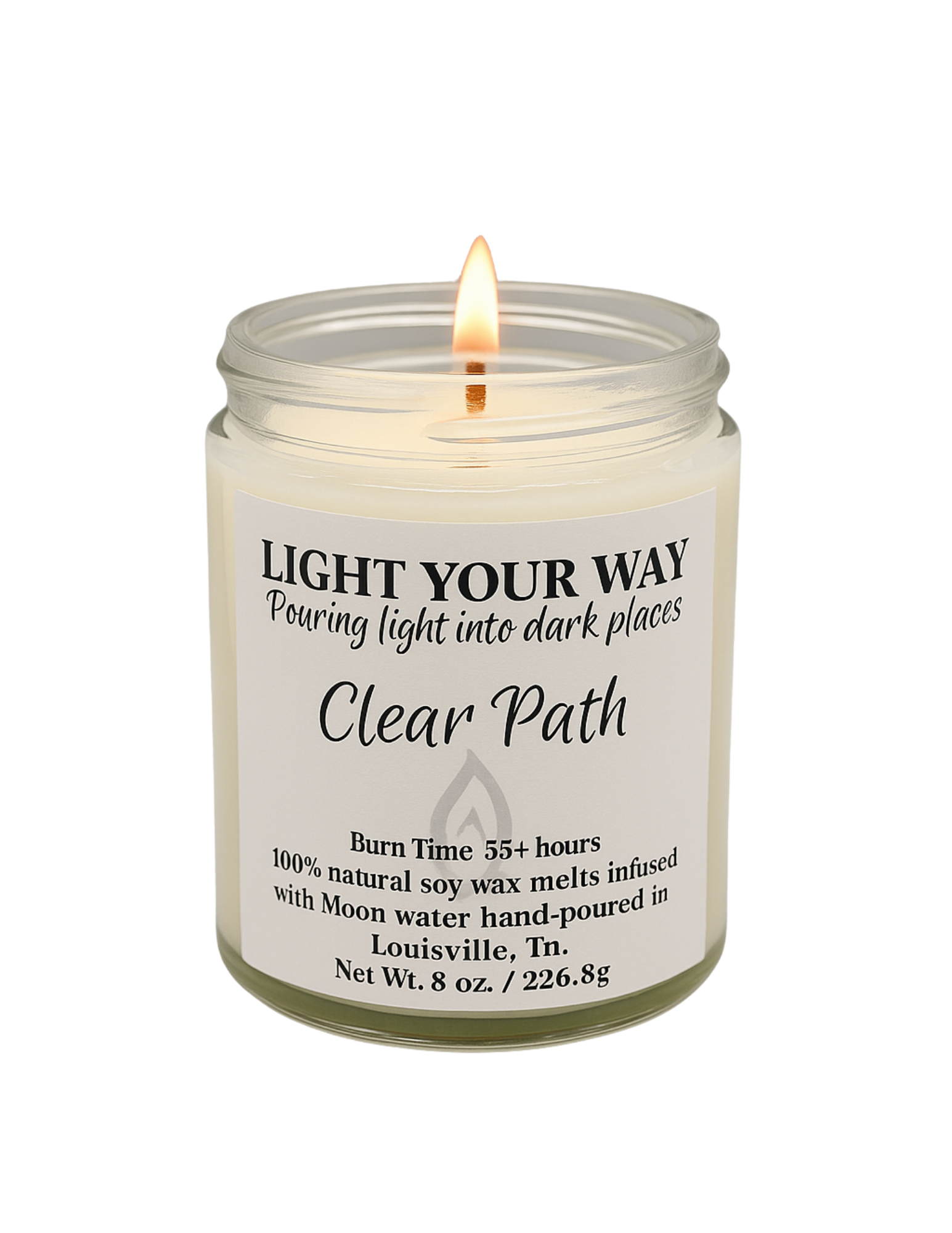 Candle in a glass jar with a label that says clear path