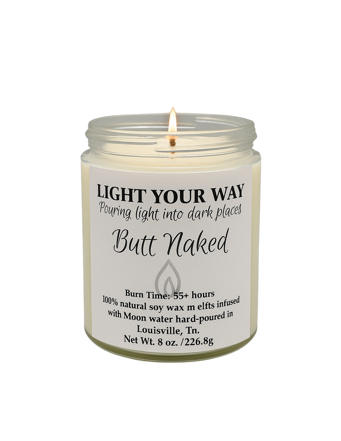 butt naked scented Candle in a glass jar with a label on a white background 