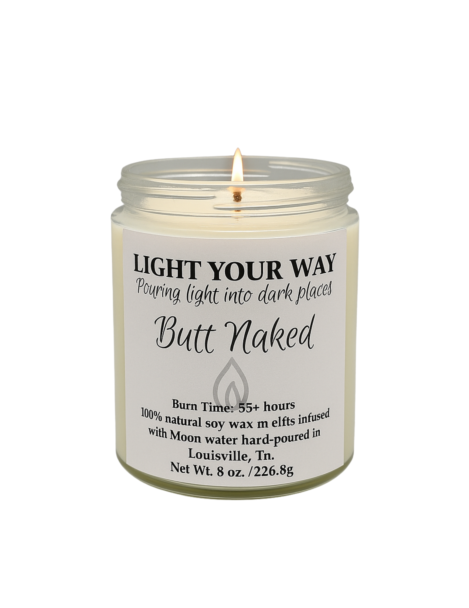 butt naked scented Candle in a glass jar with a label on a white background 