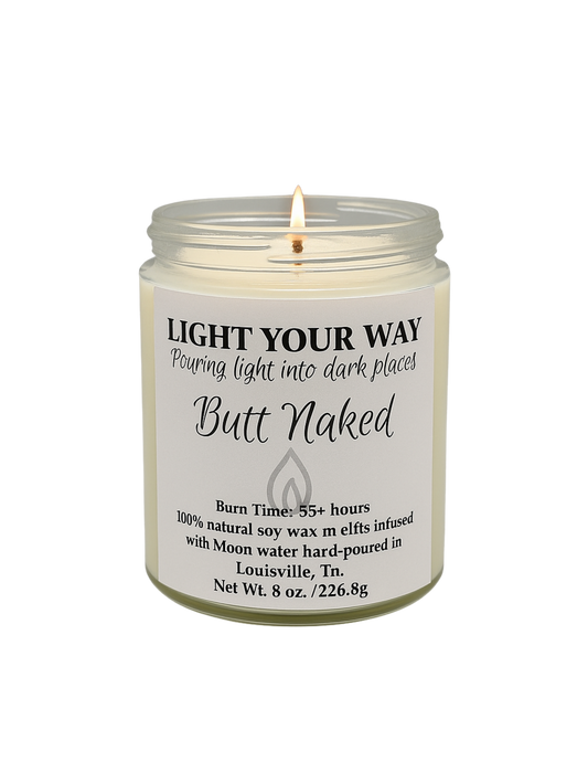 butt naked scented Candle in a glass jar with a label on a white background 