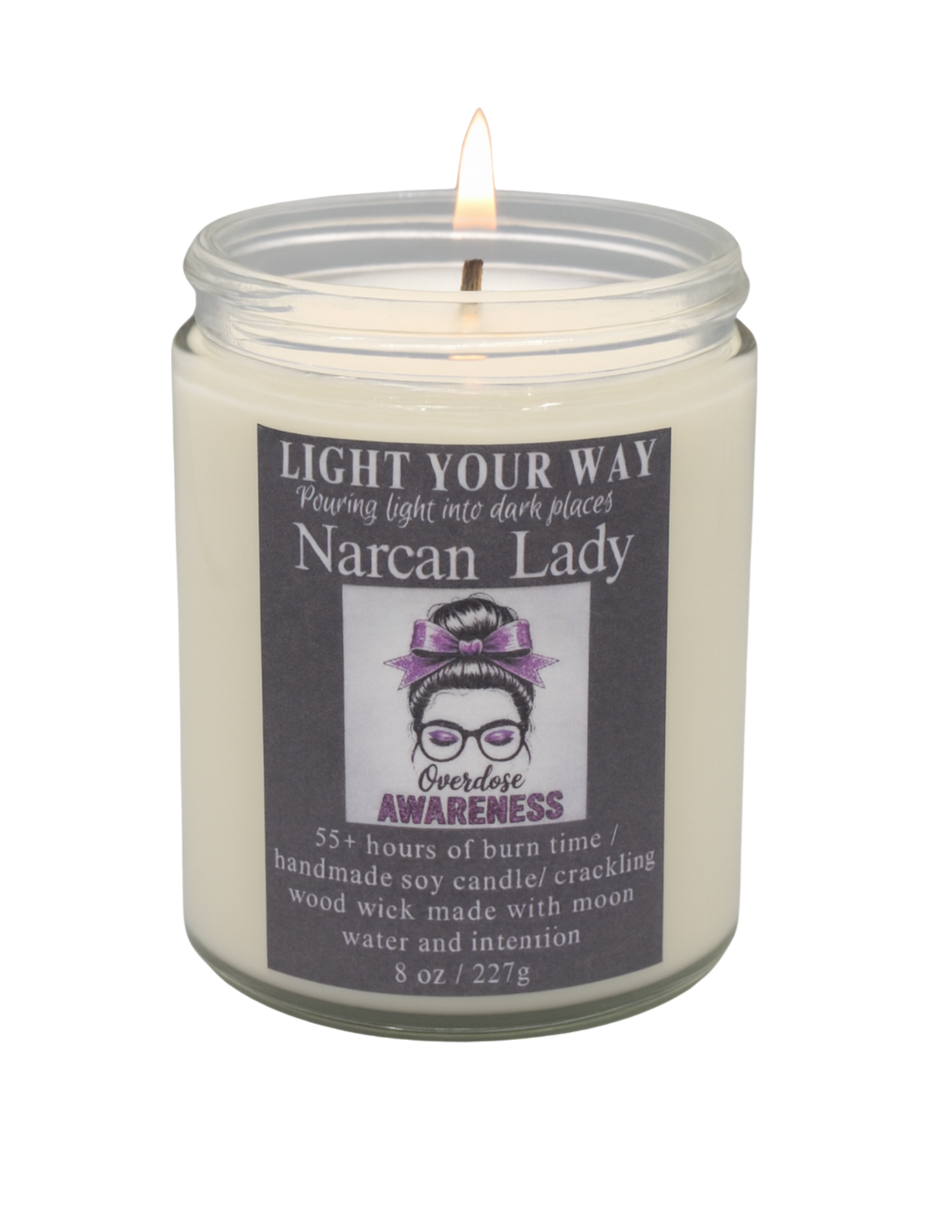 Candle in a jar with a label titled 'Narcan Lady' 