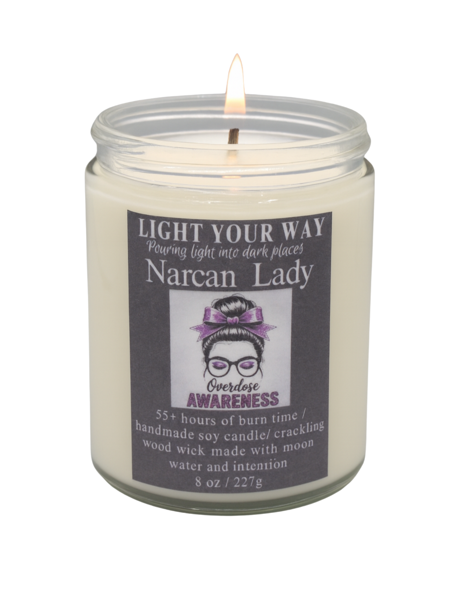 Candle in a jar with a label titled 'Narcan Lady' 