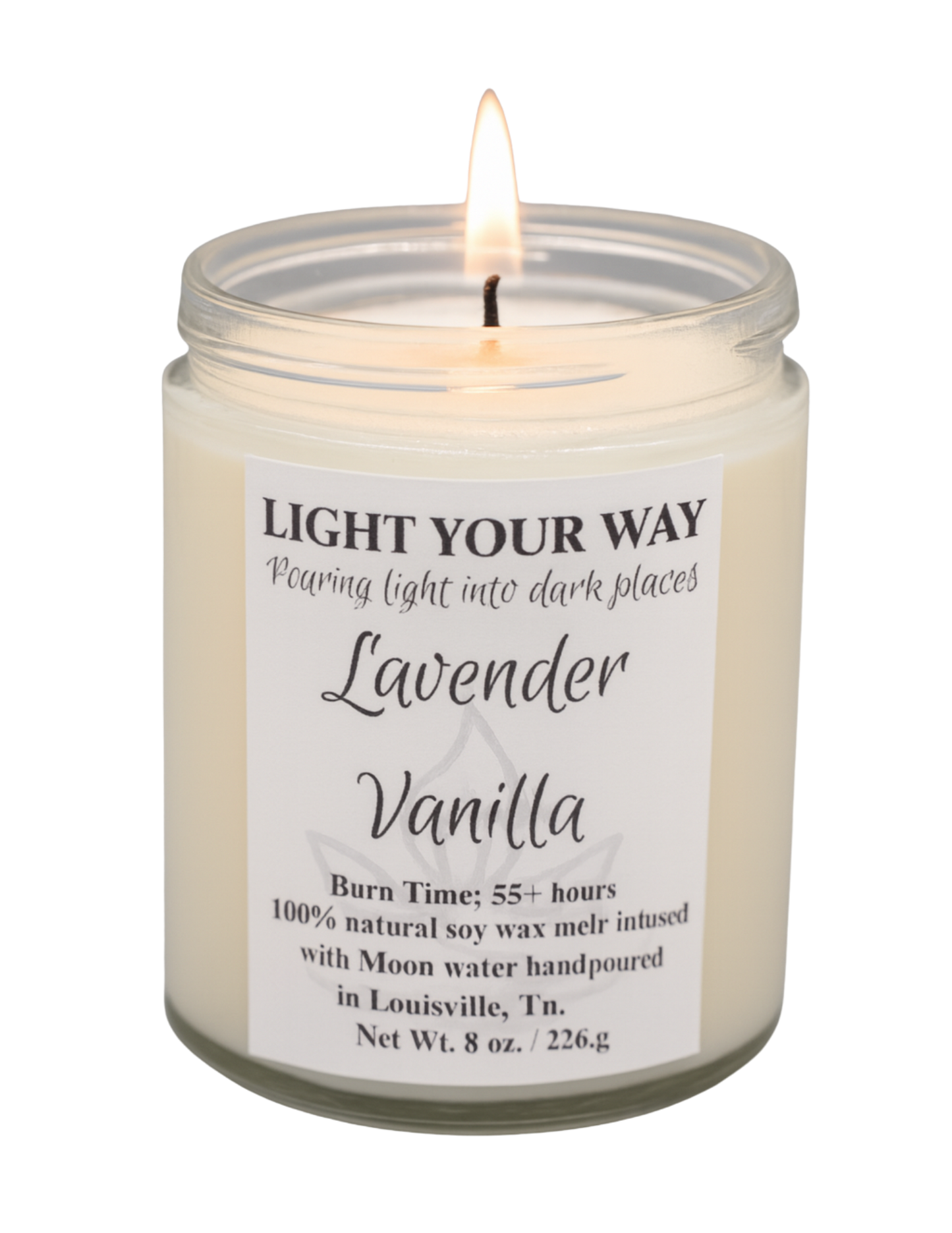 Lavender Vanilla candle in a glass jar with a label that has a flame on the wick