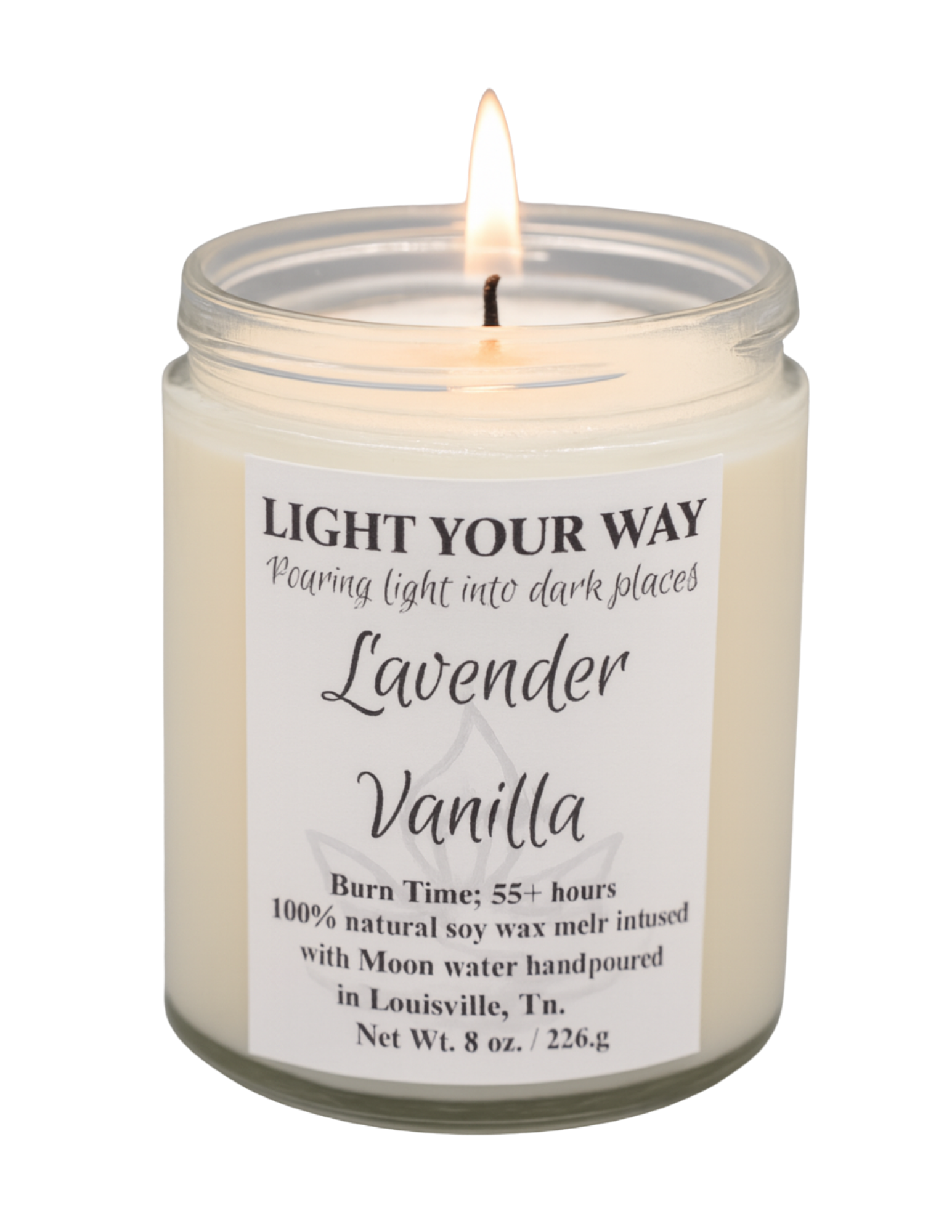 Lavender Vanilla candle in a glass jar with a label that has a flame on the wick