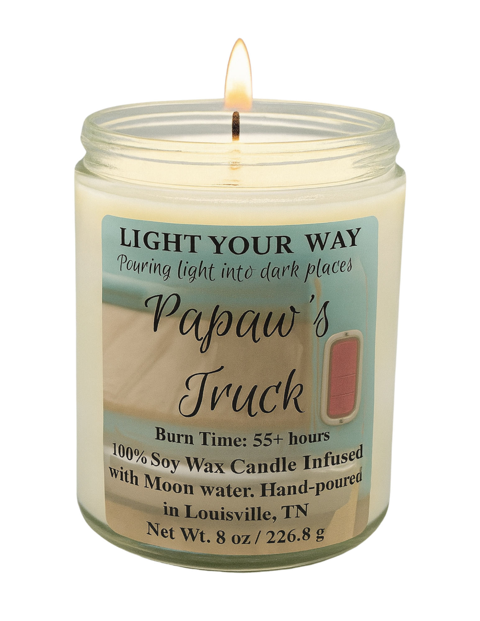 Candle with a label that says Papaw's Truck 
