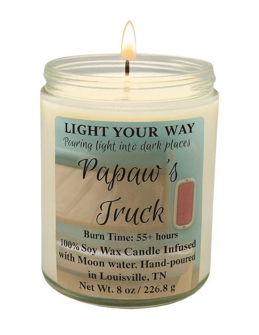 Candle with a label that says Papaw's Truck 