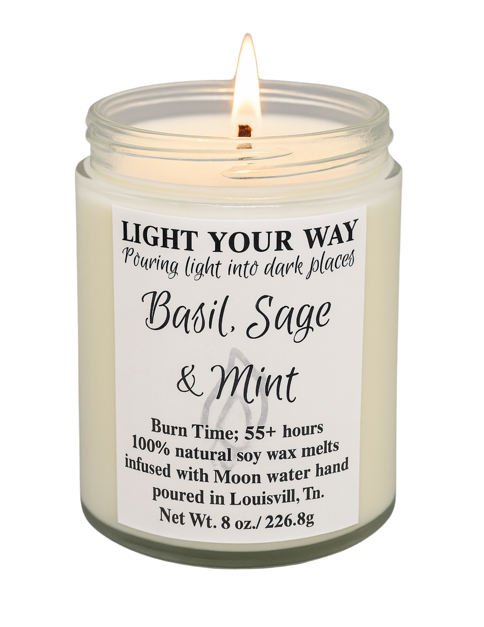 Basil Sage & Mint 8 oz Candle in a glass jar with a label on a white background