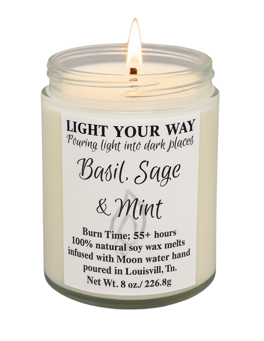 Basil Sage & Mint 8 oz Candle in a glass jar with a label on a white background