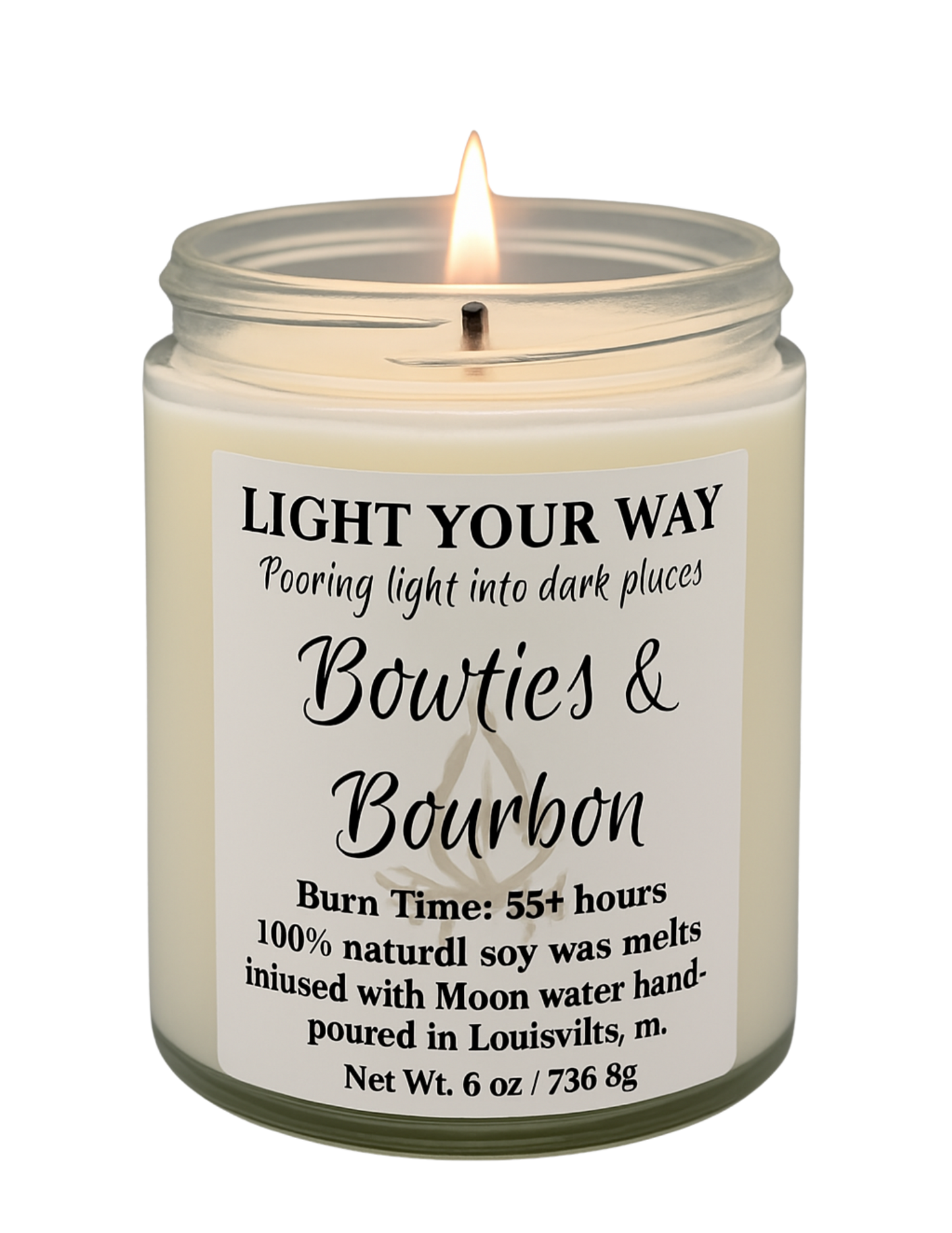 Candle in a glass jar with a label on a white background