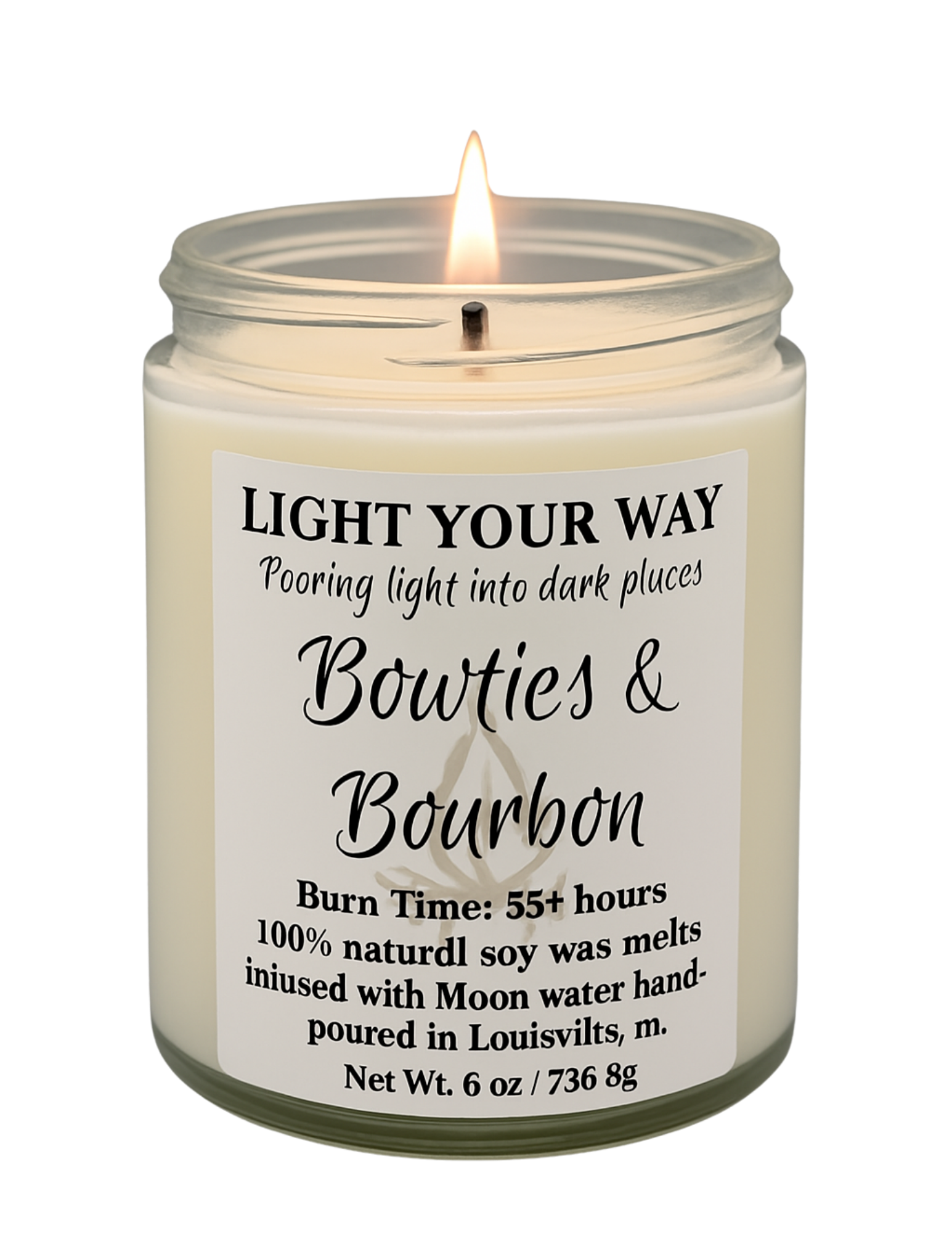 Candle in a glass jar with a label on a white background