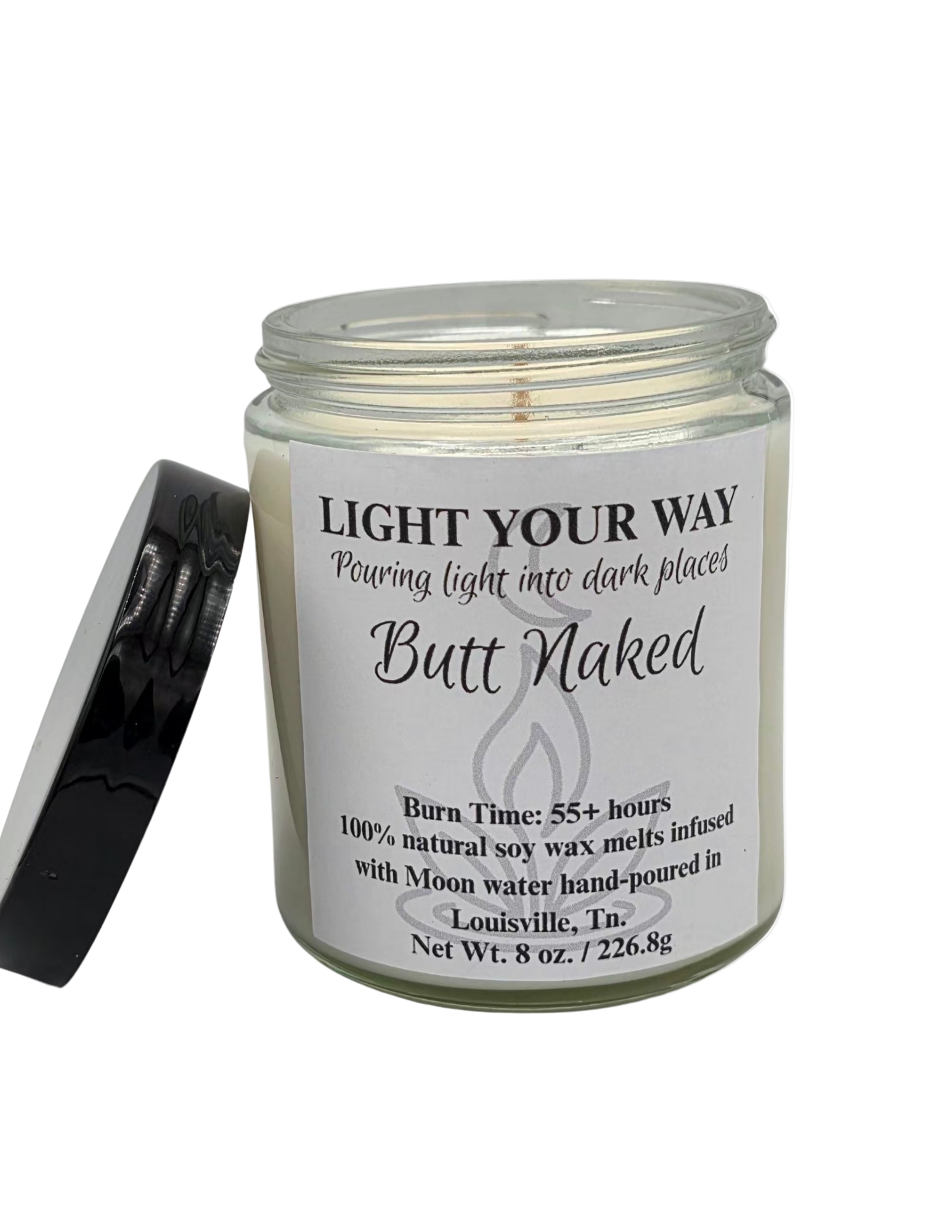 Candle jar with a label reading 'Light Your Way Butt Naked' on a white background
