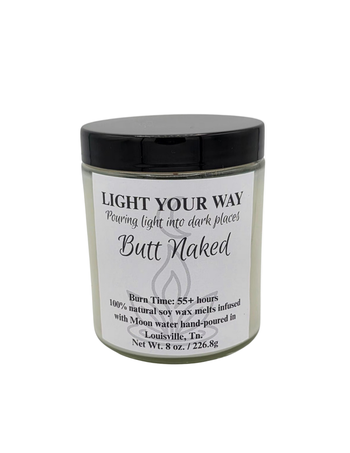 Candle jar labeled 'Butt Naked' with text on a white background