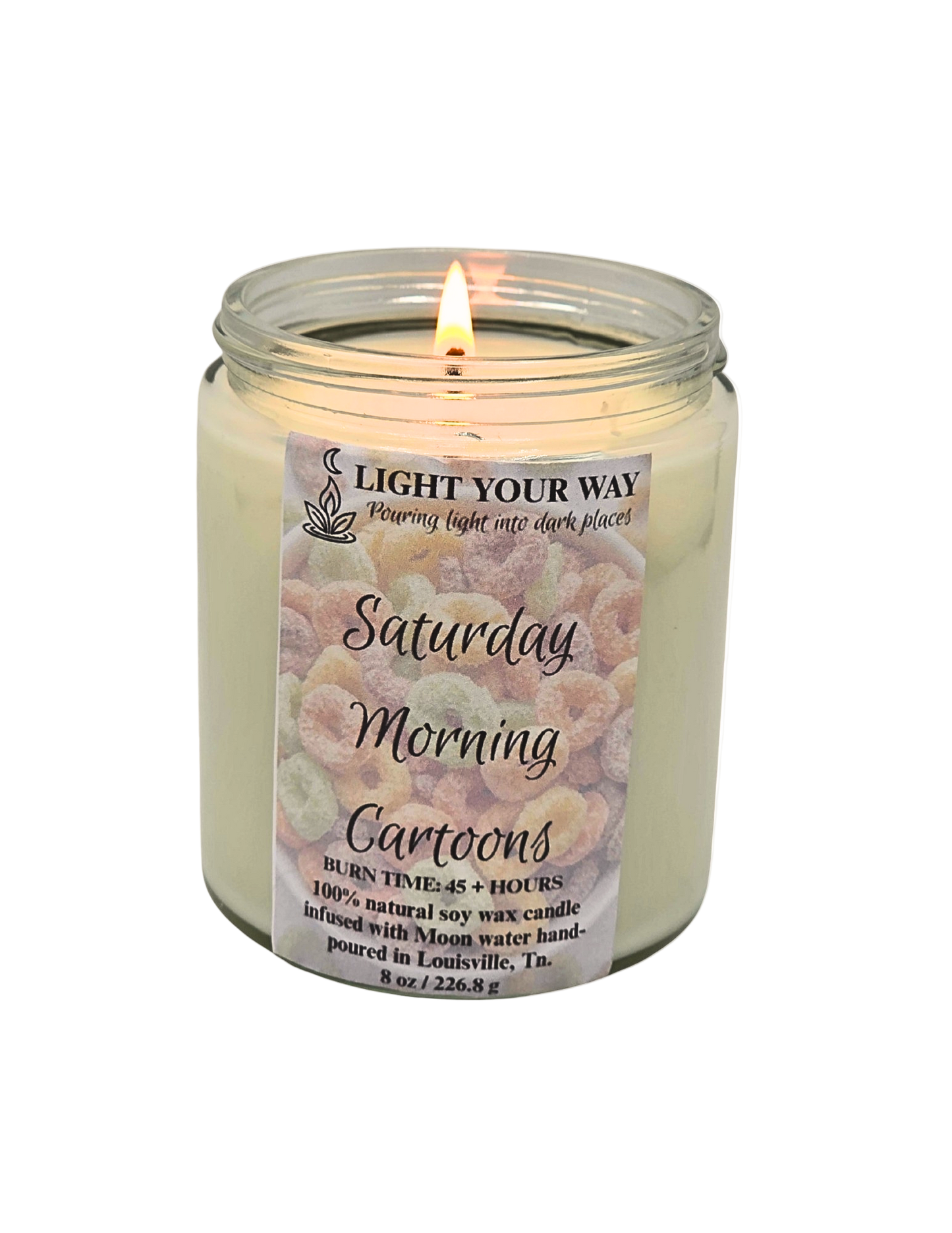 Candle with a flame and label 'titled' Saturday Morning Cartoons' 