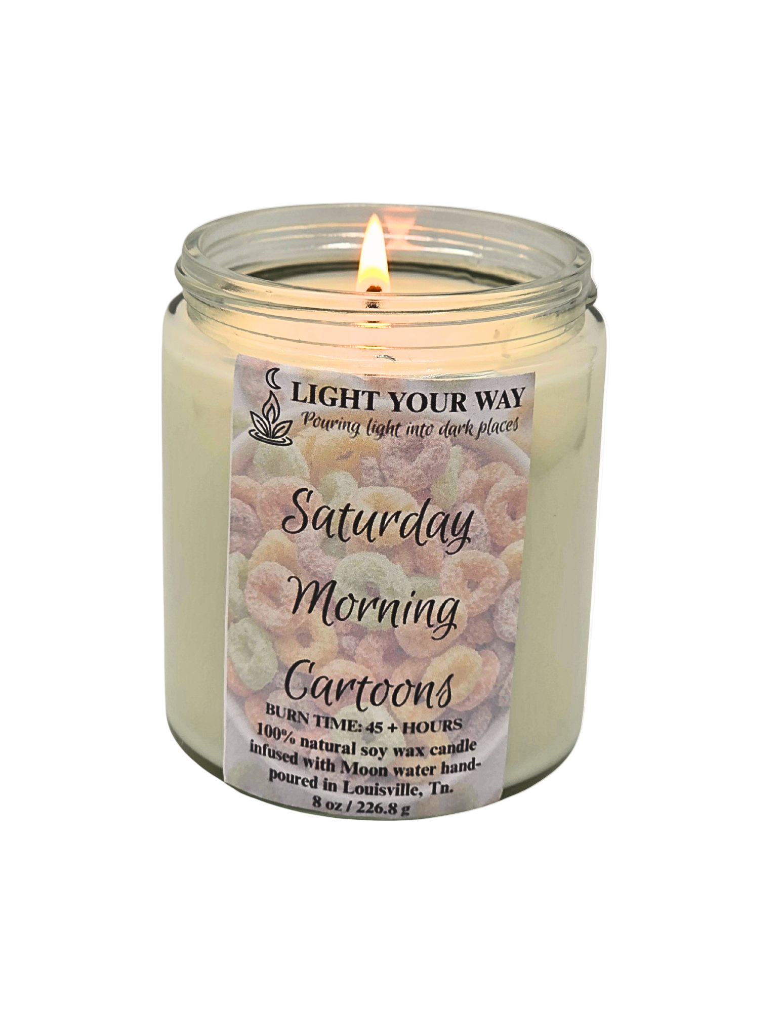 Candle with a flame and label 'titled' Saturday Morning Cartoons' 