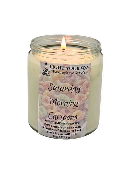 Candle with a flame and label 'titled' Saturday Morning Cartoons' 