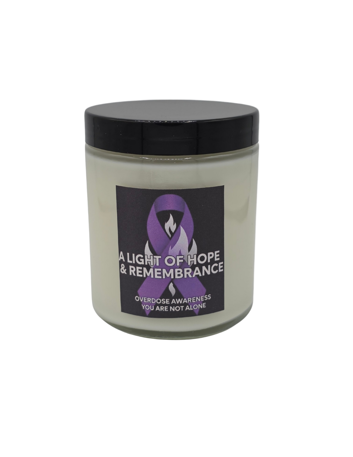 Candle jar with overdose awareness purple ribbon with black lid and text on a white background