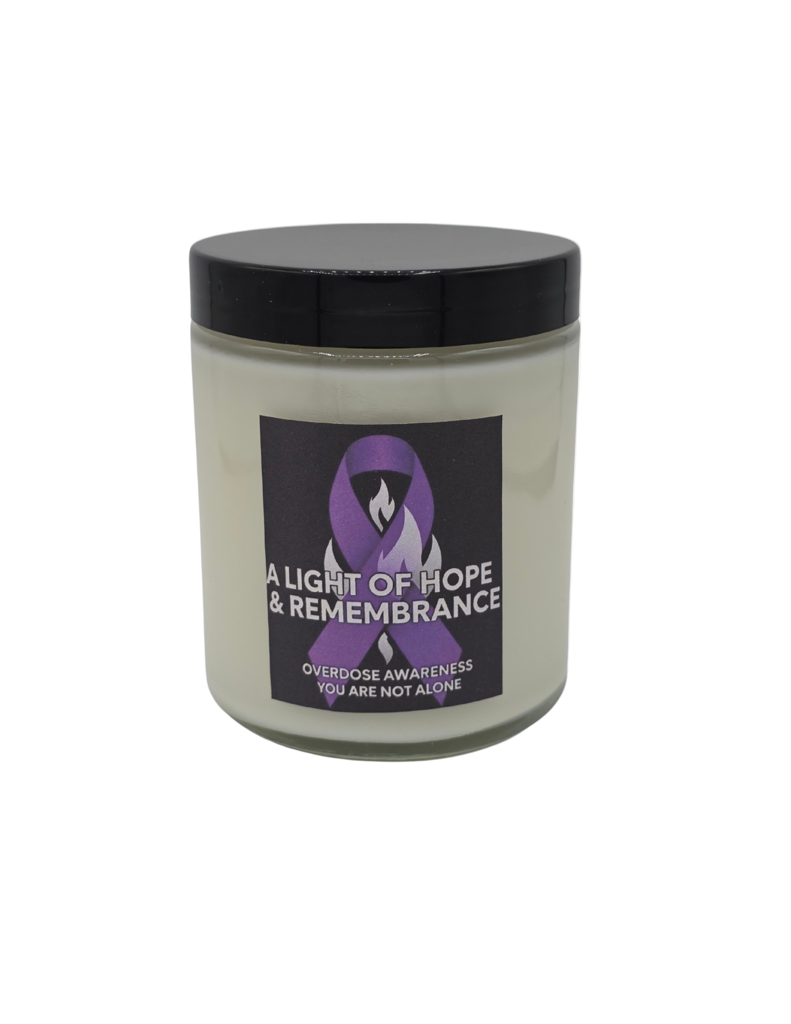 Candle jar with overdose awareness purple ribbon with black lid and text on a white background