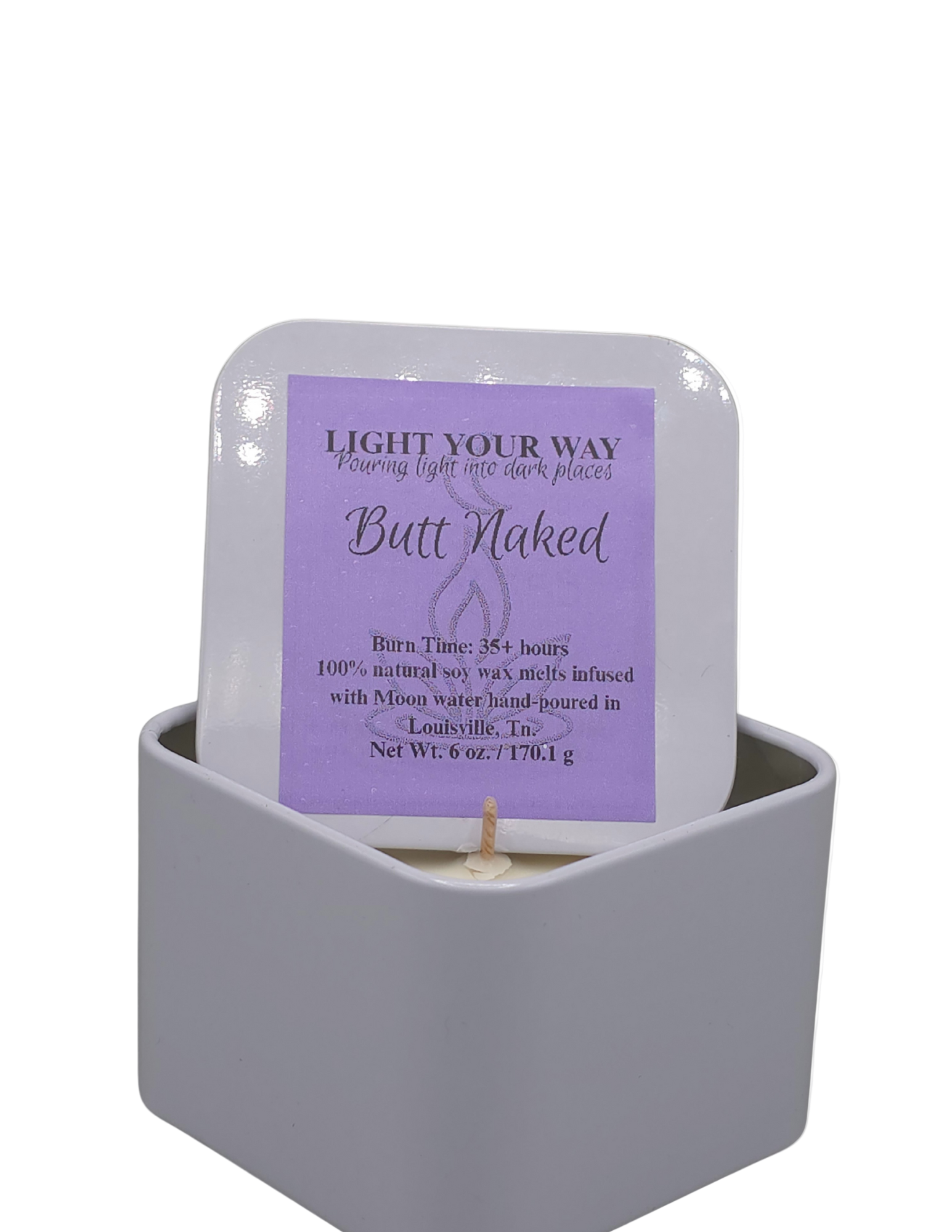 Candle with a purple label in a gray holder on a white background
