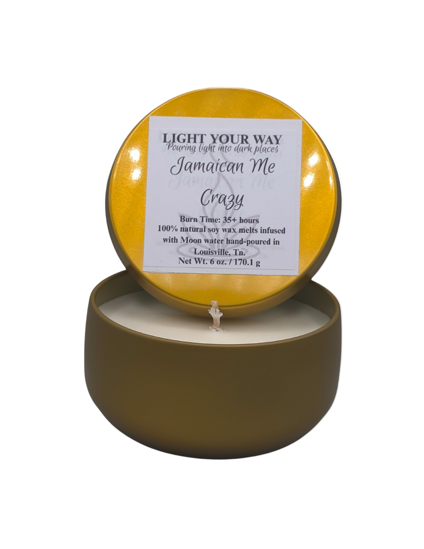 Candle in a yellow container with a label on a white background
