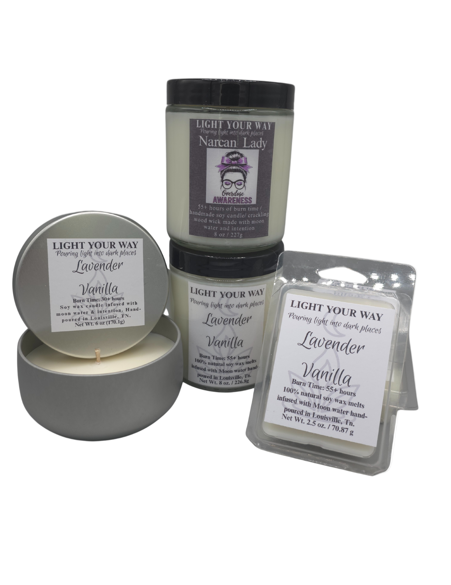 Collection of candles and wax melts with 'Light Your Way' 