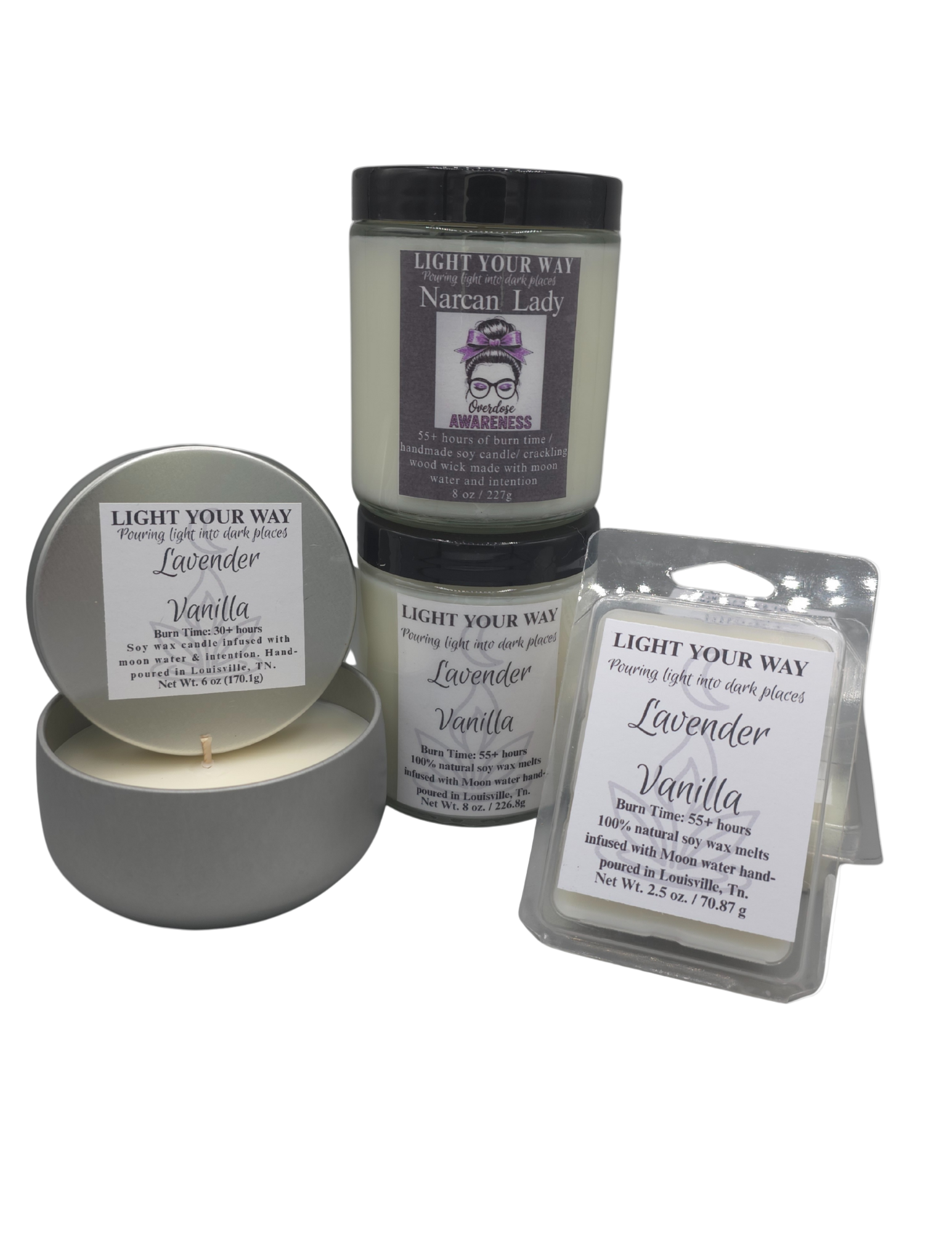 Collection of candles and wax melts with 'Light Your Way' 