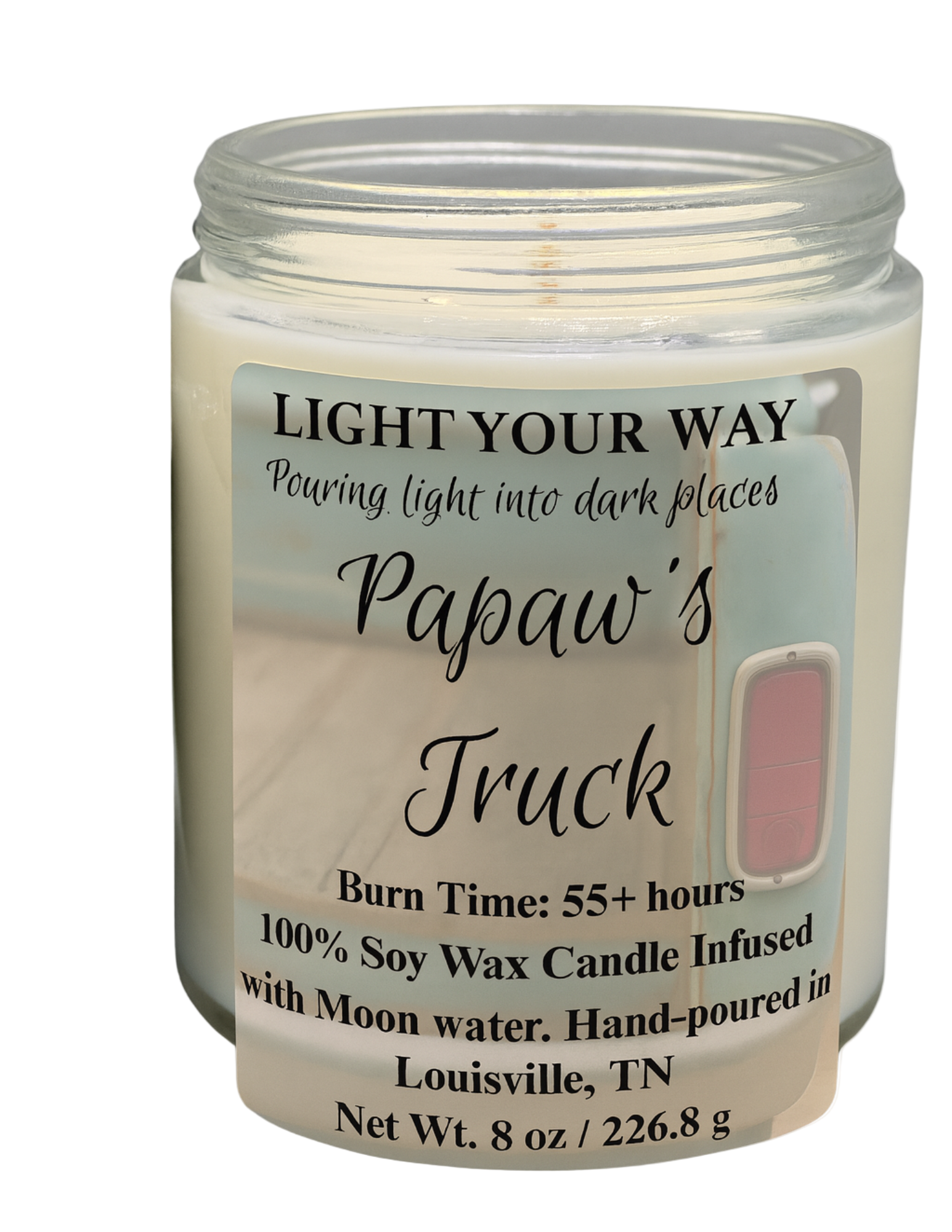 Candle with a label that says Papaw's Truck