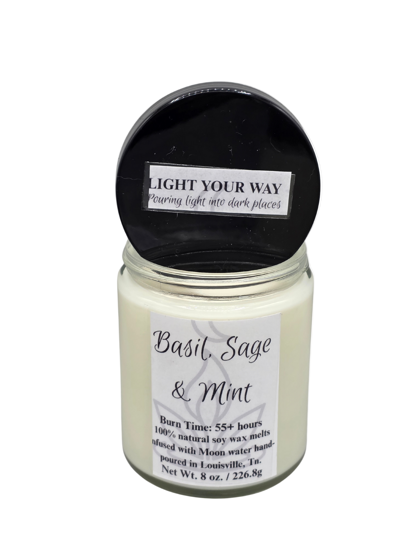Basil Sage & Mint 8 oz Candle in a glass jar with a label on a white background