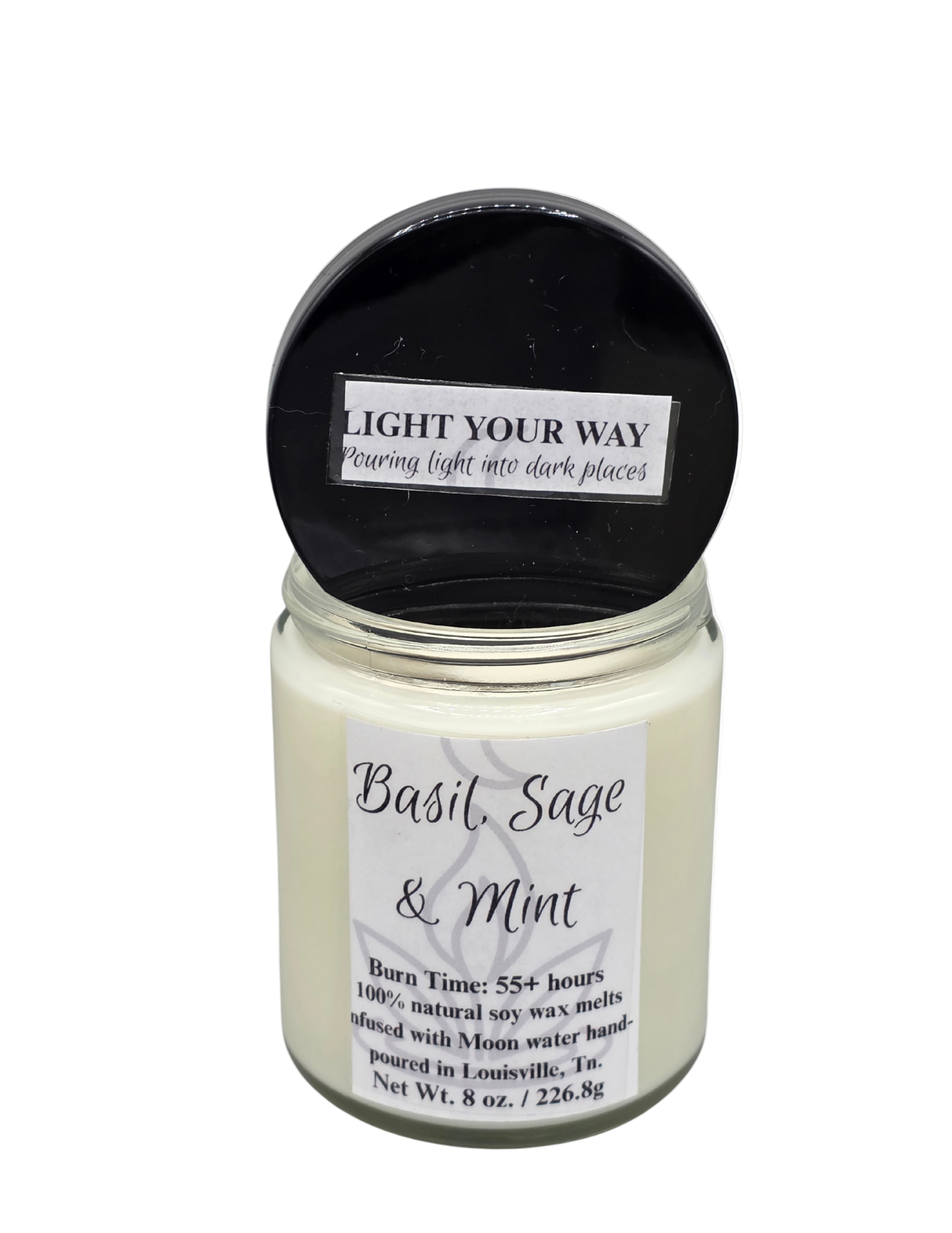 Basil Sage & Mint 8 oz Candle in a glass jar with a label on a white background