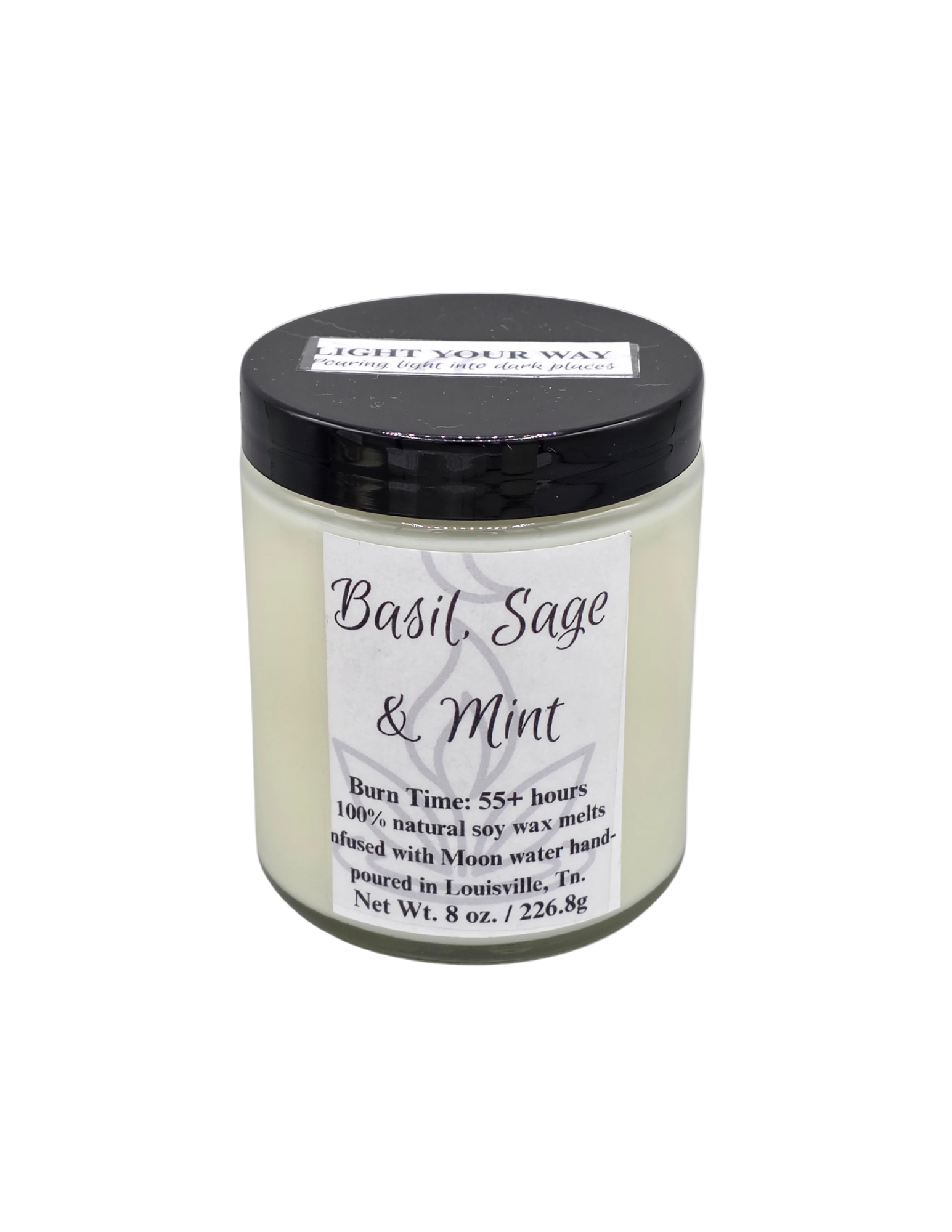 Basil Sage & Mint 8 oz Candle in a glass jar with a label on a white background