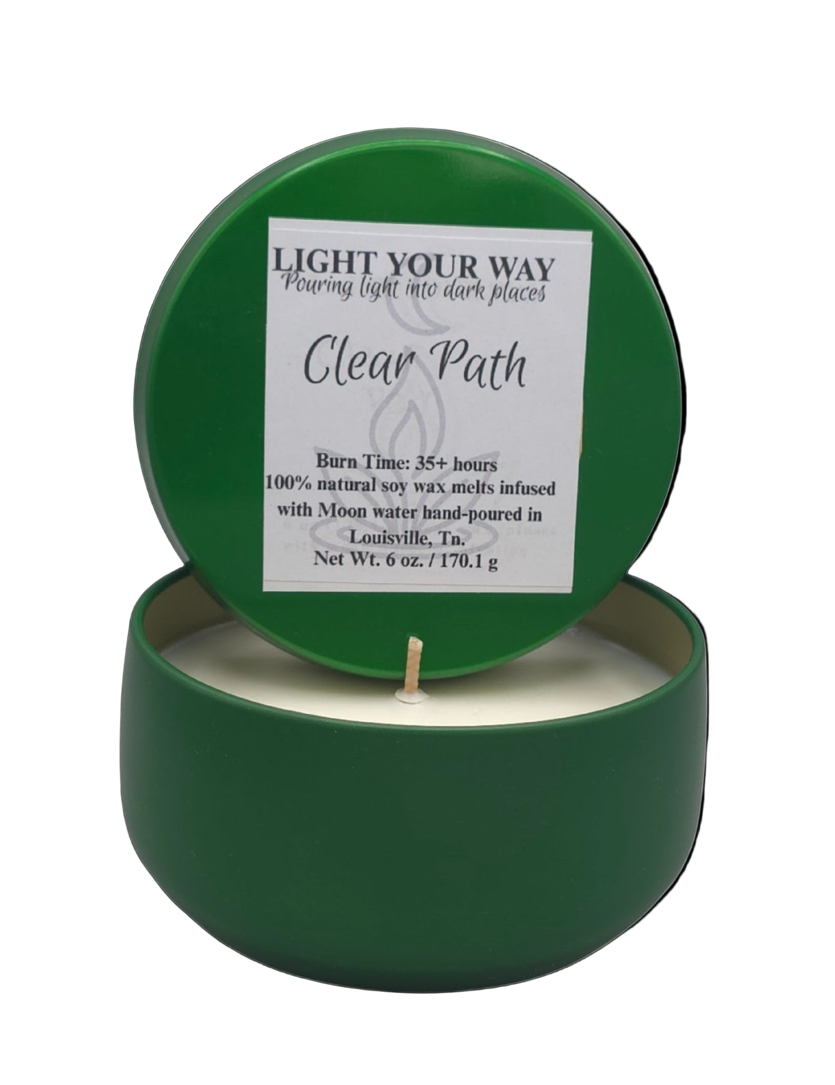 Green candle in a round container with a label on a white background