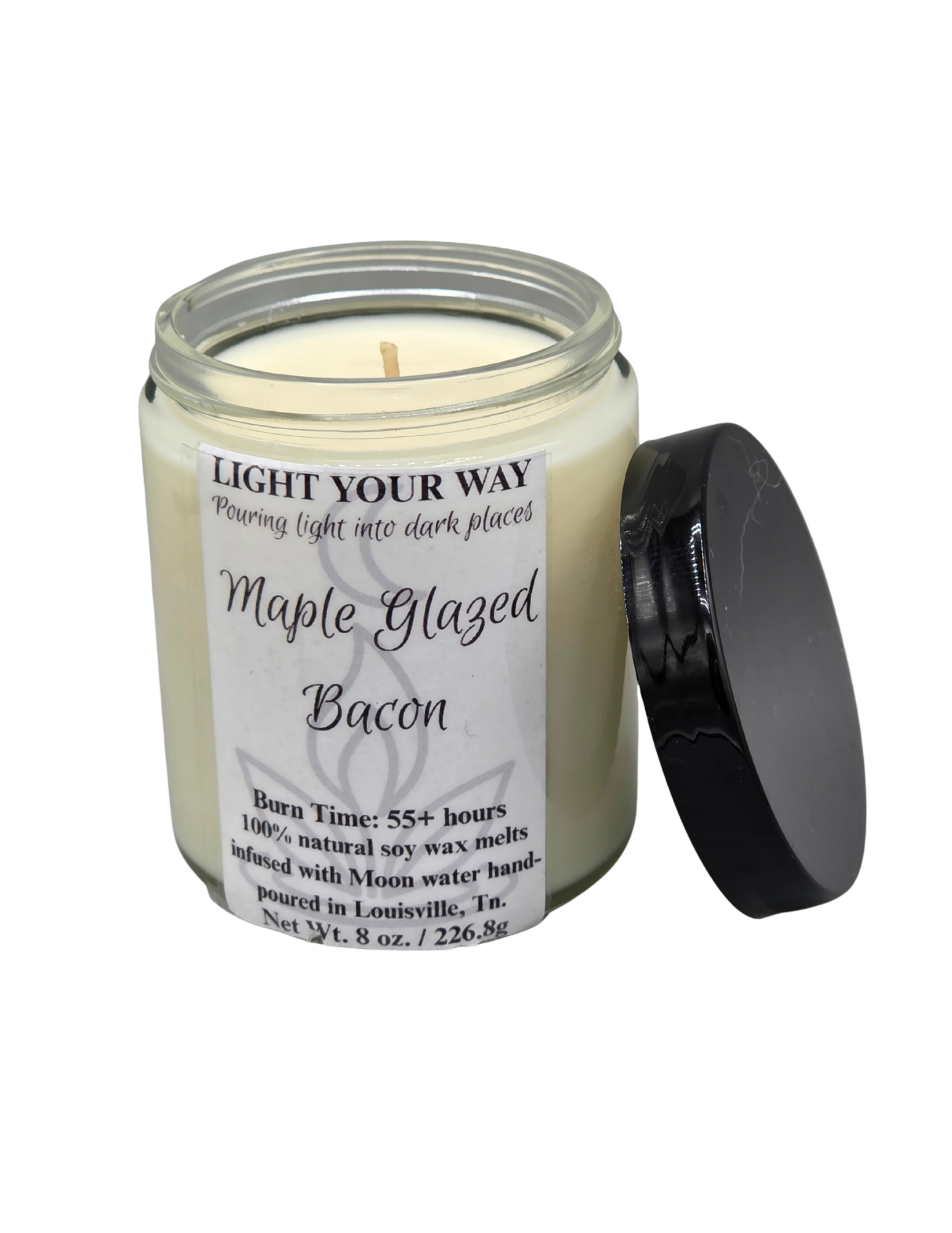 Candle with a label titled 'Maple Glazed Bacon' 