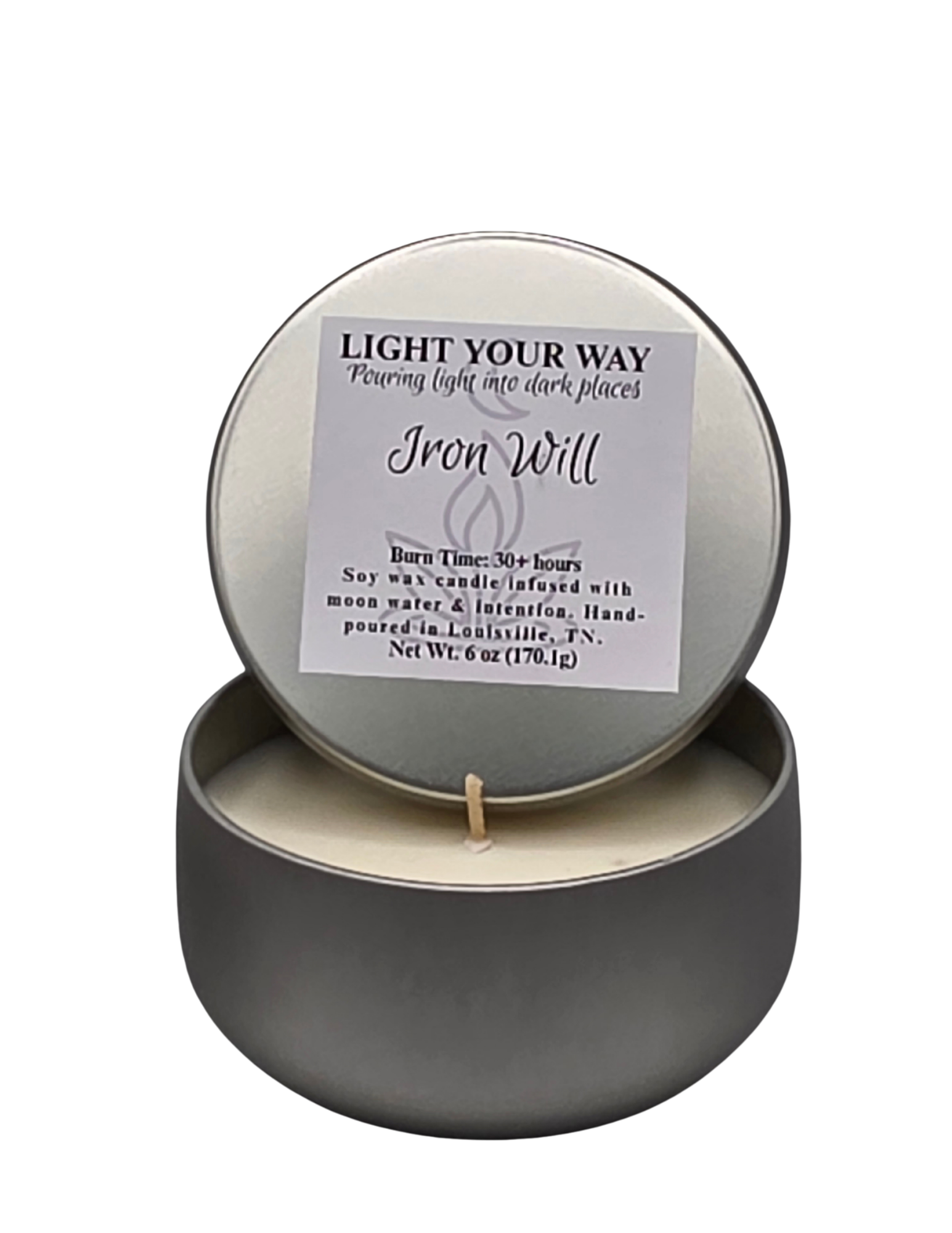Tin candle with a label on a white background