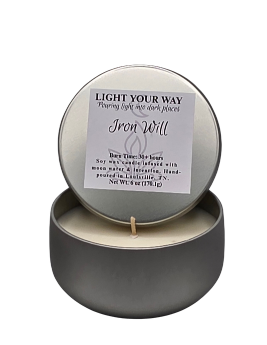 Tin candle with a label on a white background