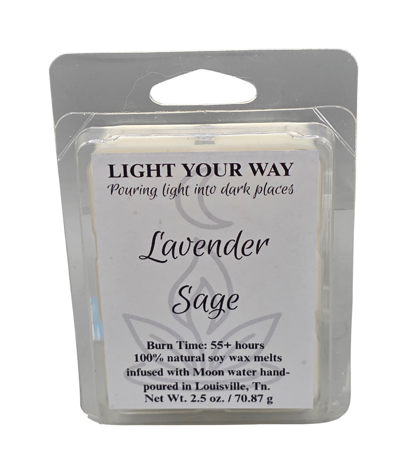 Lavender Sage wax melt packaging with label on a white background