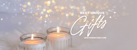 Two lit candles in glass holders with a blurred background and 'Best Unique Gifts' text.