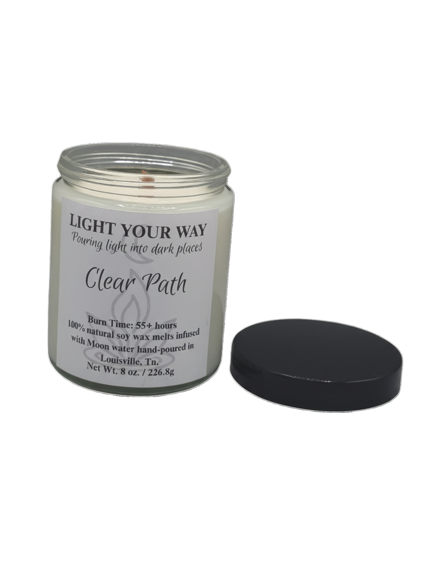 Candle with a label on it that say clear path