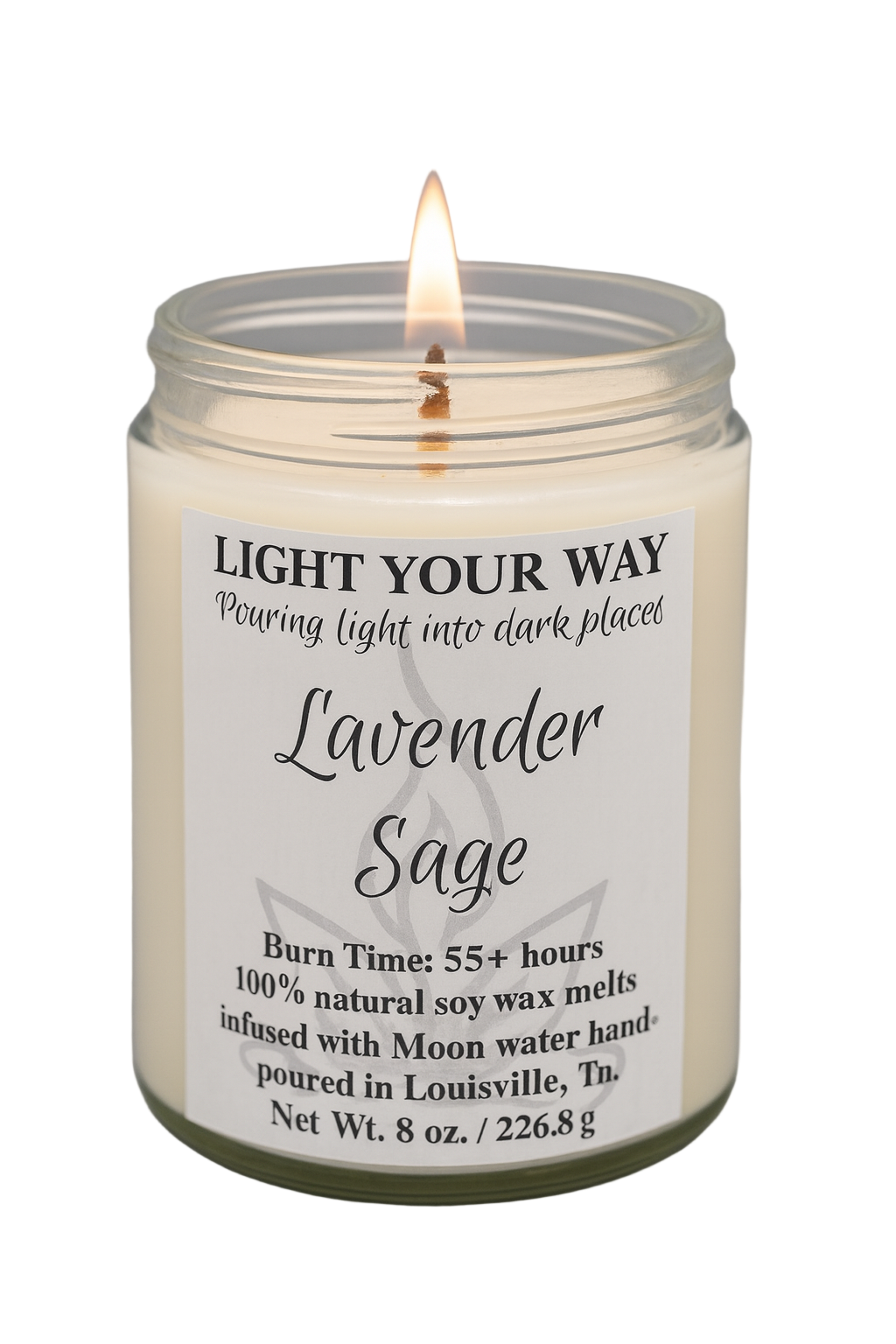 Lavender Sage candle with a label with a flame