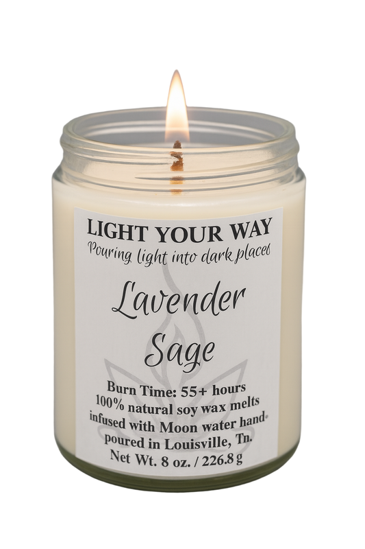 Lavender Sage candle with a label with a flame